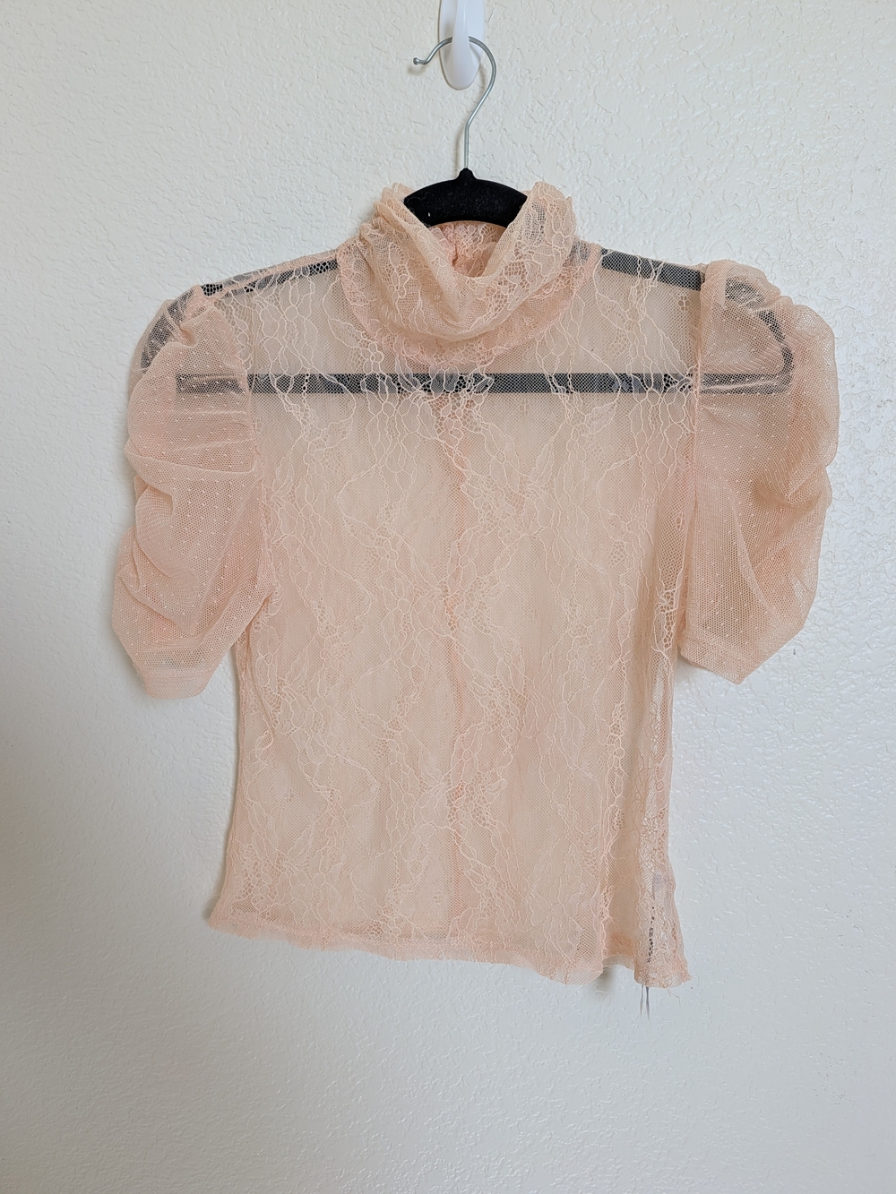 Peach Sheer Lace Victorian Mock Neck Blouse Puff Sleeve Romantic Fairy Size S